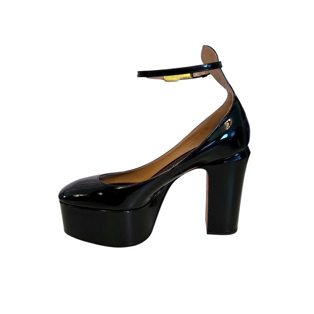 Valentino Garavani Tan-Go Black Patent Leather Platform Block Heel Pumps 38/7.5